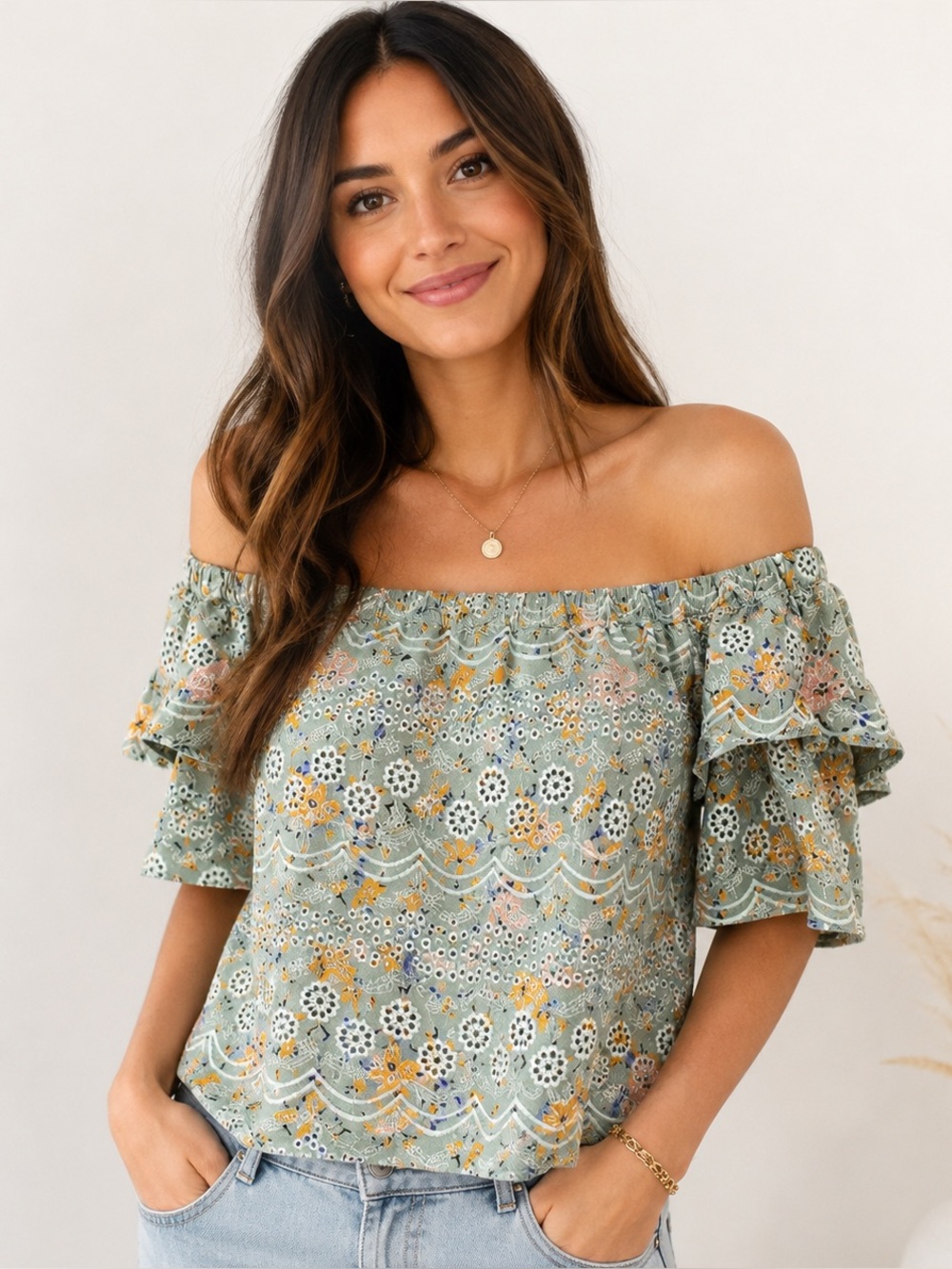 Anthropologie Laia Floral Eyelet Off Shoulder Top Embroidered Boho XS Cotton